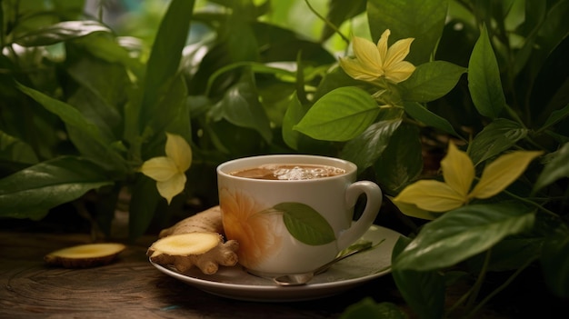 A cup of ginger root tea sits on a table surrounded by greenery.