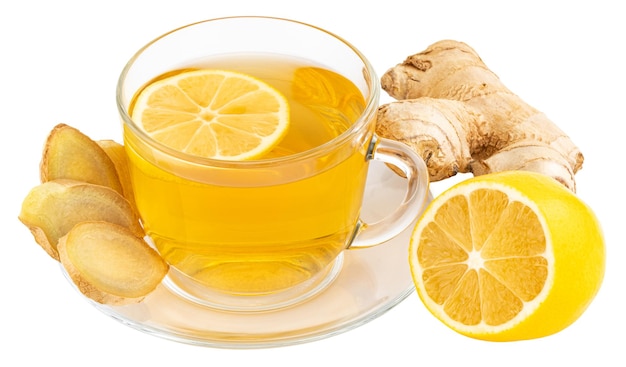 Cup of Ginger tea with lemon, honey and ginger root on white backgroun.