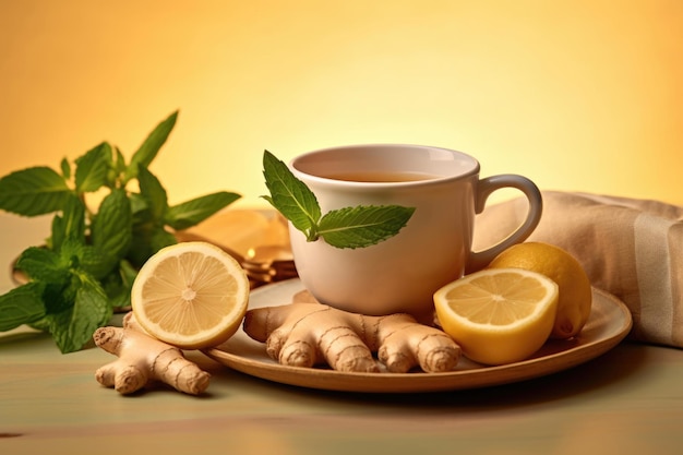 Cup of ginger tea with lemon honey and mint