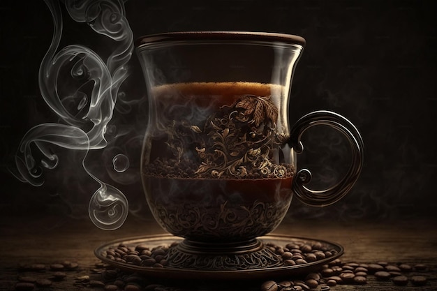 Cup glass of coffee with smoke and coffee beans on old wooden background