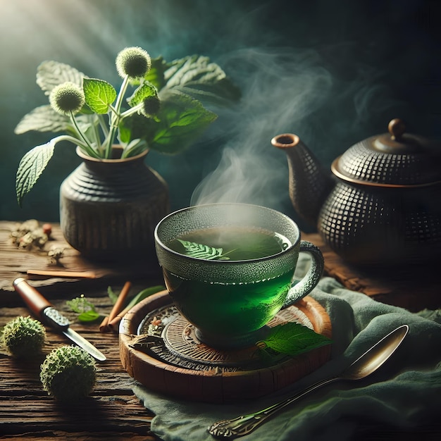 A cup of Green herbal tea in cinematic atmosphere