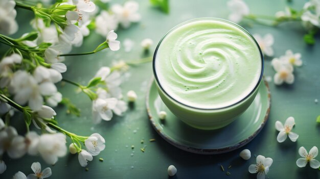 a cup of green smoothie next to a cup of green liquid