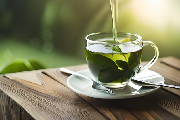 a cup of green tea is poured into a glass.