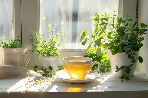 a cup of of green tea near the windowsill with potted herbs