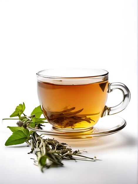 A cup of herbal tea on plain white bg