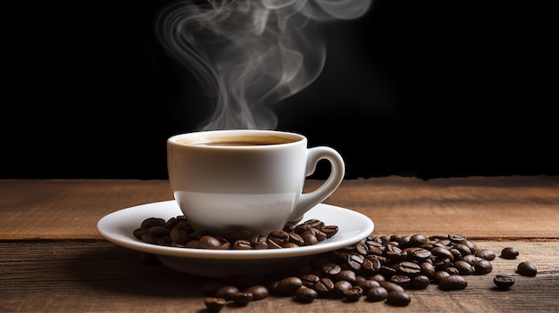 Cup of Hot Black Coffee with Steam on Wooden Table