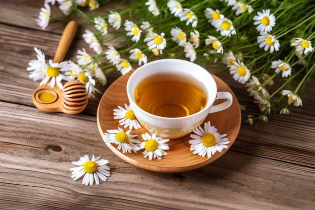 Cup of hot chamomile tea on light wooden background Generative AI