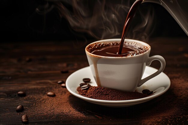 a cup of hot chocolate being poured into a white cup