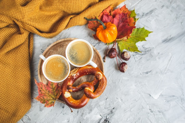 Cup Hot Chocolate Coffee Autumn Time Bakery Pretzel Knitting Scarf Leaves 