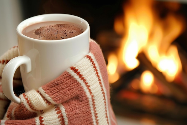 a cup of hot chocolate next to a fireplace