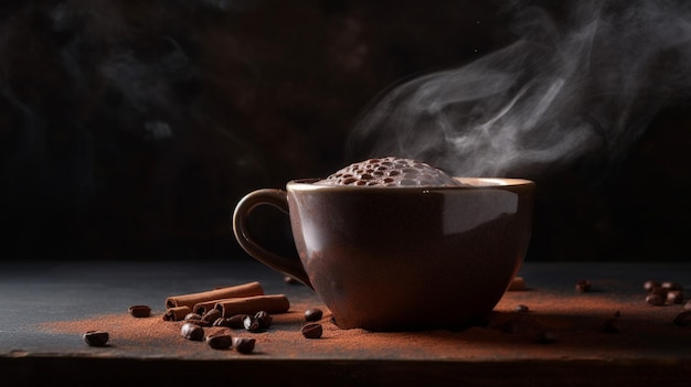 A cup of hot chocolate with cinnamon sticks and cinnamon sticks on a dark background.