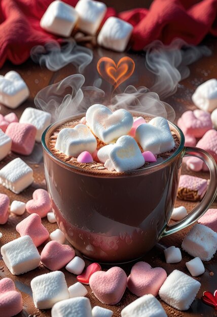 a cup of hot chocolate with heart shaped marshmallows and a heart shaped chocolate cup