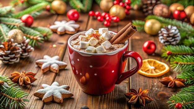 a cup of hot chocolate with marshmallows and gingerbread cookies on a wooden table