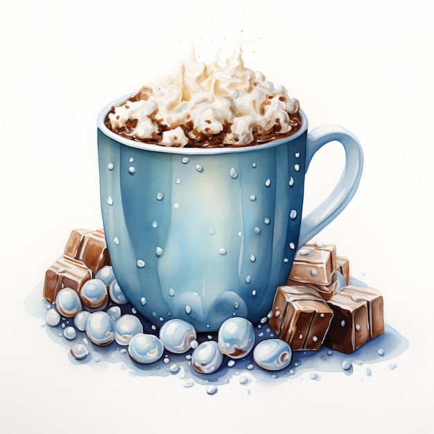 Cup of hot chocolate with marshmallows and spoon on white background