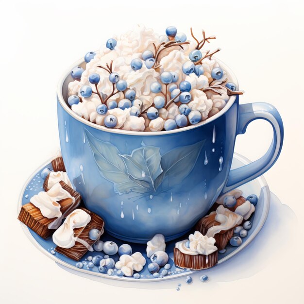 Cup of hot chocolate with marshmallows on white background