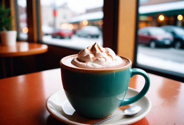 a cup of hot chocolate with a spoon on a saucer