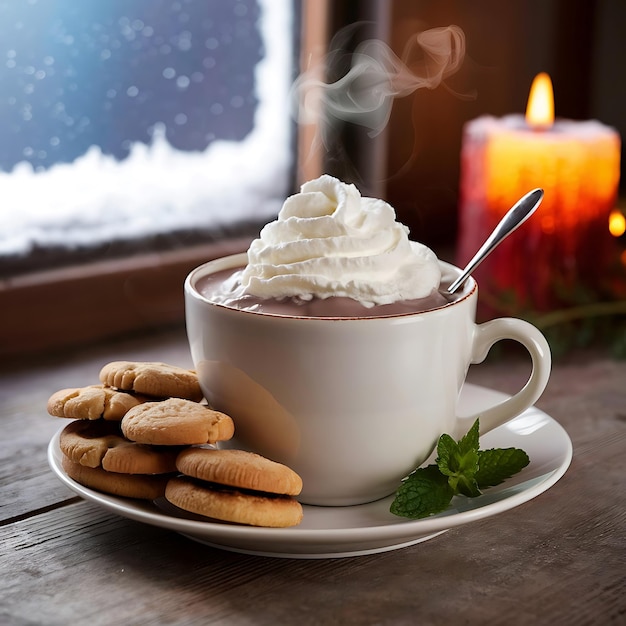 a cup of hot chocolate with a steamy drink on a table