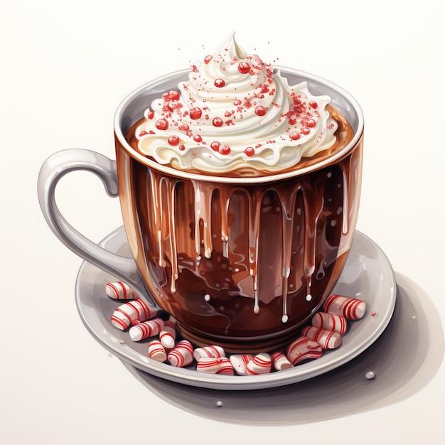 Cup of hot chocolate with whipped cream and candy canes illustration