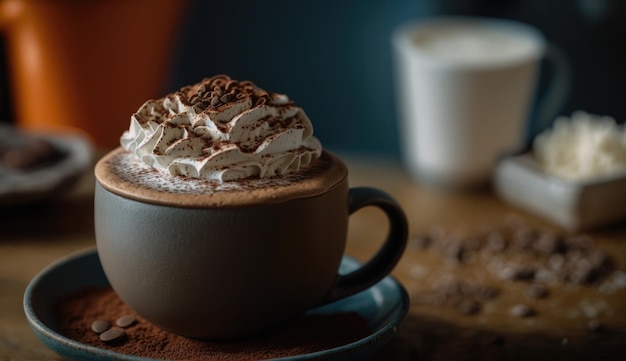 A cup of hot chocolate with whipped cream and chocolate on top.