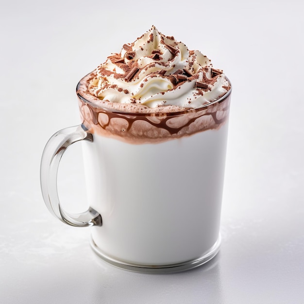 A cup of hot chocolate with whipped cream and chocolate on the top.