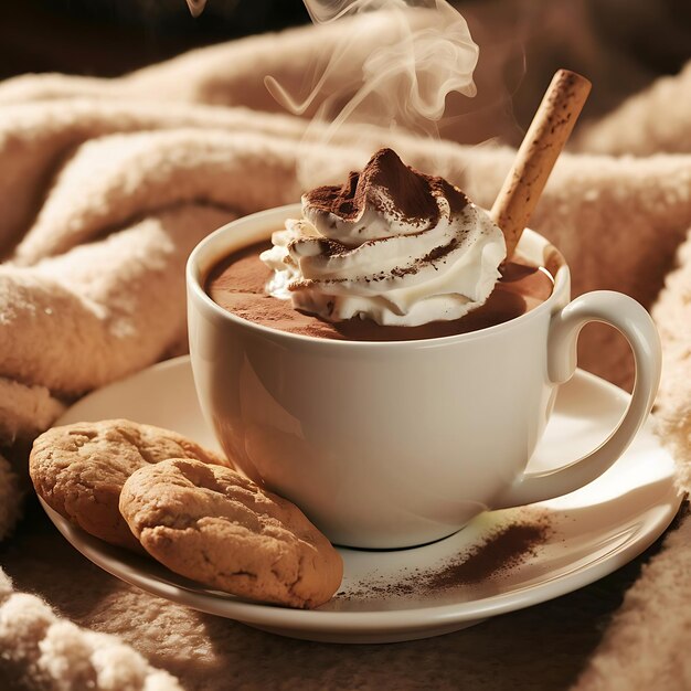 a cup of hot chocolate with whipped cream and cinnamon sticks on a plate