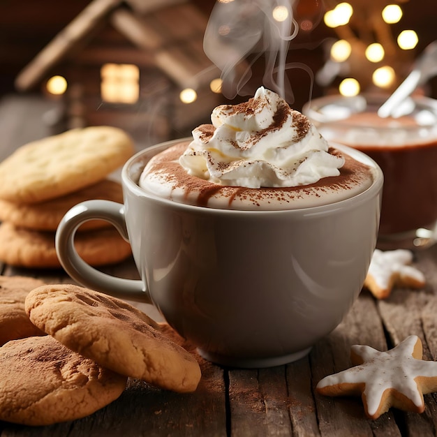 a cup of hot chocolate with whipped cream and cinnamon sticks on a wooden table