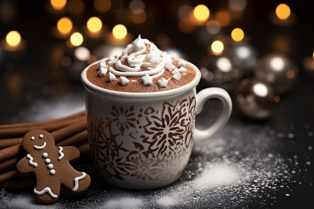 Photo a cup of hot chocolate with whipped cream and gingerbread man cookies