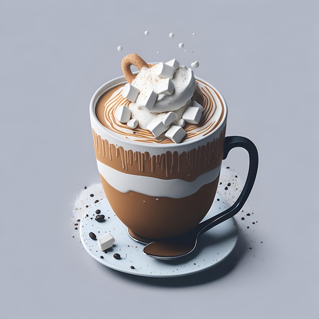 A cup of hot chocolate with whipped cream and a spoonful of marshmallows.