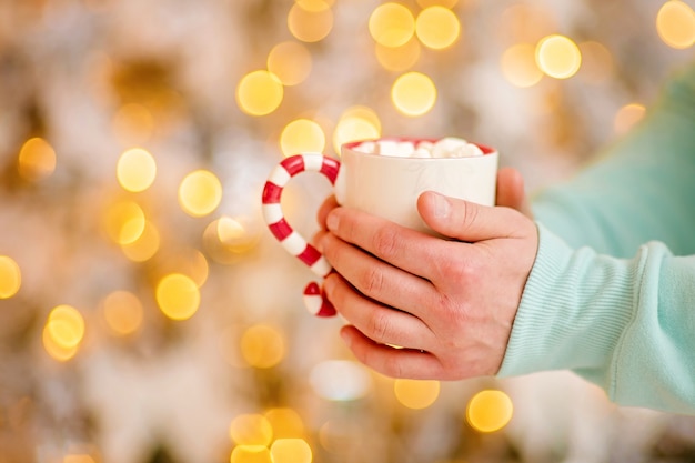 Cup of hot cocoa in christmas atmosphere