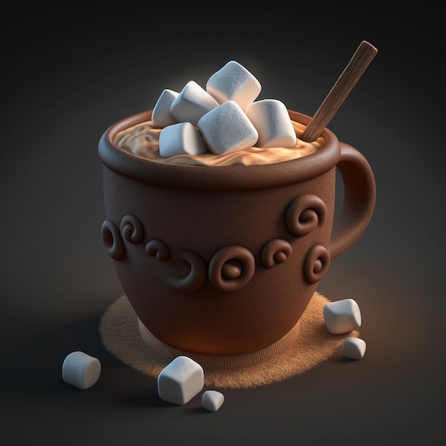 Cup of hot cocoa with marshmallow and cinnamon sticks