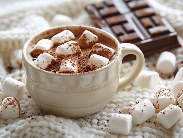 A Cup of Hot Cocoa With Marshmallows and Chocolate Bar on Knit Blanket