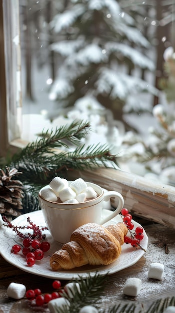 A cup of hot cocoa with marshmallows with a crispy and fresh croissant on a snowy windowsill and a fir branch and cranberries