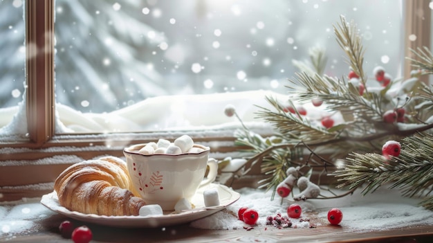 A cup of hot cocoa with marshmallows with a crispy and fresh croissant on a snowy windowsill