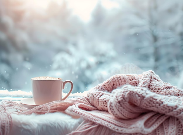 a cup of hot coffee and a blanket with a blanket on it