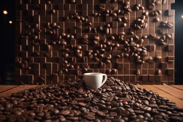 Cup of hot coffee and coffee beans dynamic background