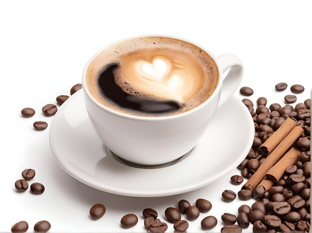 a cup of hot coffee and coffee beans on a white background coffee lover product layout mocup cop