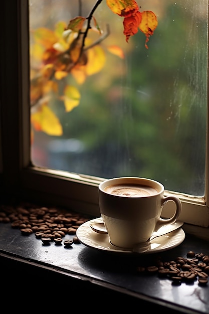 a cup of hot coffee on the old windowsill autumn outside the window Generative AI