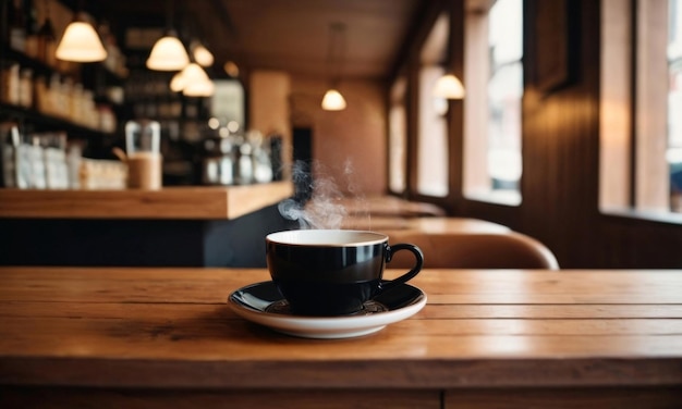 A cup of hot coffee on the table against the background of a cozy European cafe