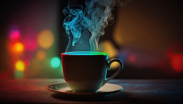 Cup of hot coffee on table with colorful steam magical atmosphere in coffee house