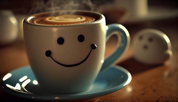 A cup of hot coffee with a smiley face on the table Generative AI