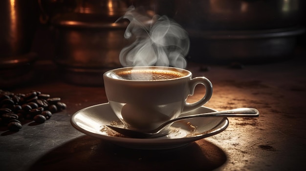 Cup of hot coffee with smoke on wooden table on blurred background Al generated