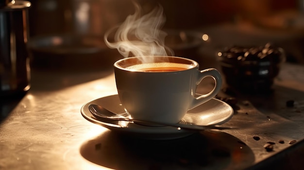 Cup of hot coffee with smoke on wooden table on blurred background Al generated