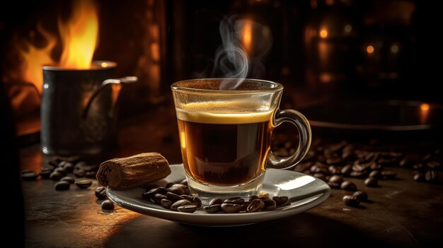 Cup of hot coffee with smoke on wooden table on blurred background Al generated