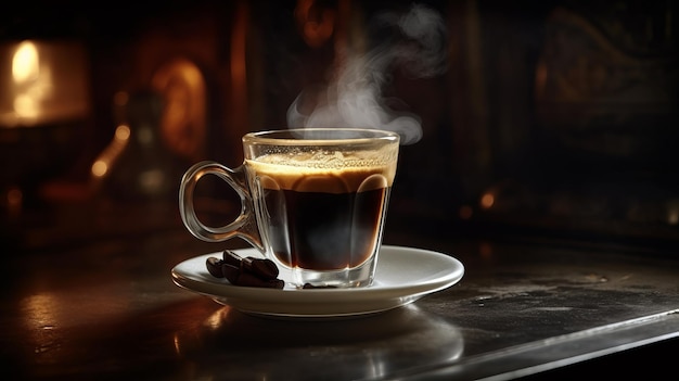 Cup of hot coffee with smoke on wooden table on blurred background Al generated