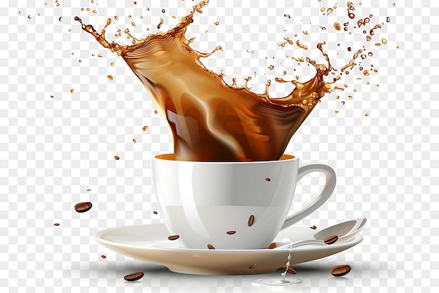 Cup of hot coffee with splashes isolated on transparent background