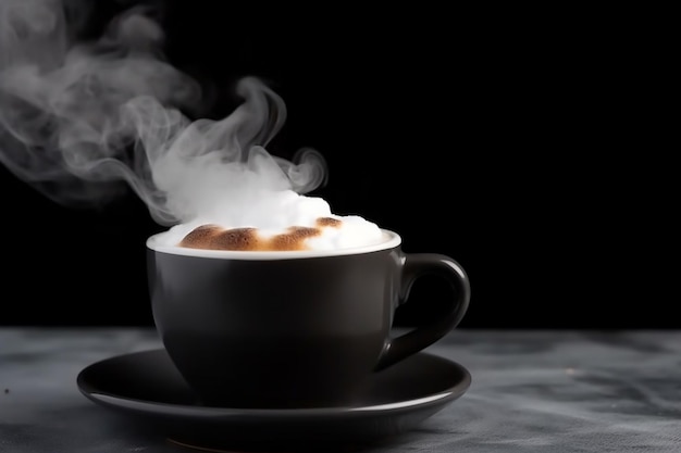 A cup of hot coffee with steam coming out of it.