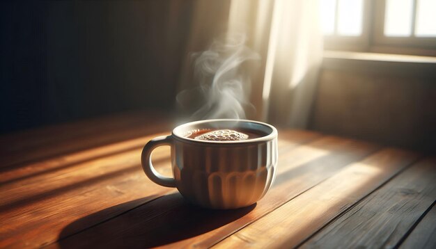 a cup of hot coffee on a wooden table