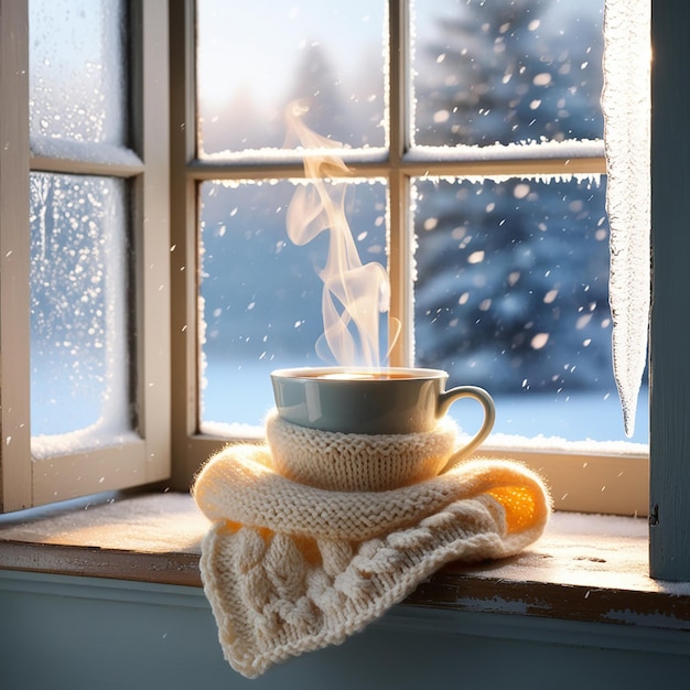 Photo cup of hot drink in on the windowsill in living room comfortable winter weekend or holidays at home