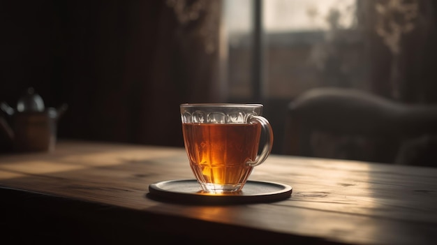 A cup of a hot glass tea on a wooden table cozy enviromn AI generated