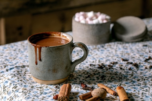 Cup of hot spicy chocolate winter drink